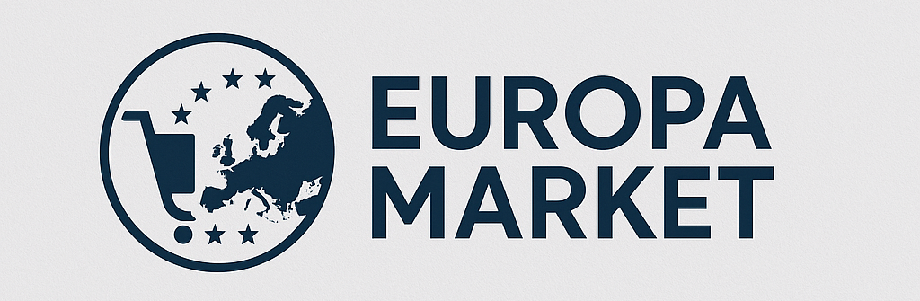 Website-logo Europa Market showing some stars and the european continent inside a circle. left of the continents
